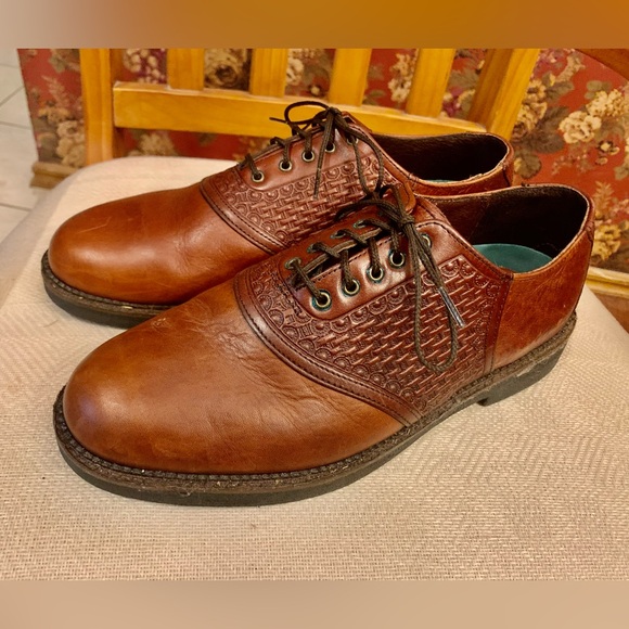 HS Trask Bozeman Montana Bronc brown leather emboss saddle oxfords shoes Sz 10.5 - Picture 2 of 10